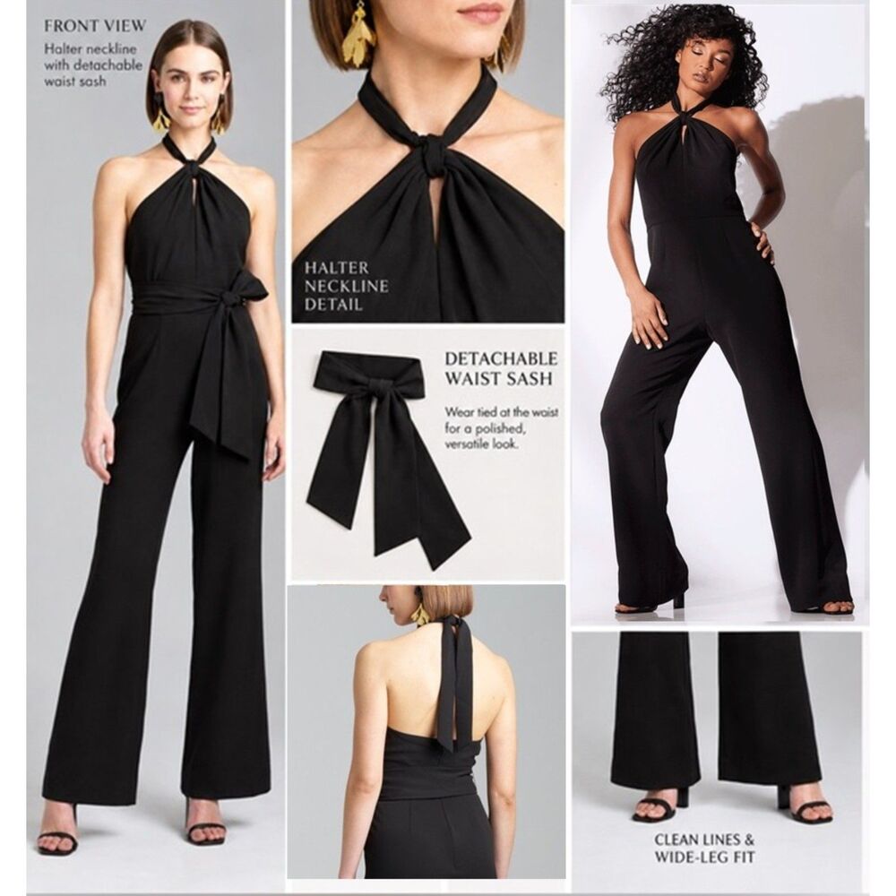 Natori - Black Crepe Halter Neck Jumpsuit with Detachable Waist Tie - size 14